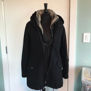 Aqua black wool coat with removable faux fur vest